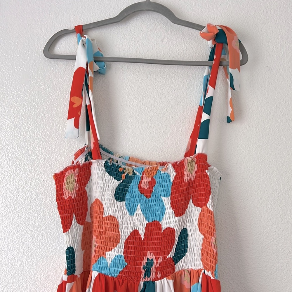 Floral Tie-Shoulder Smocked Maxi Dress - Red & Blue - Picture 2 of 5